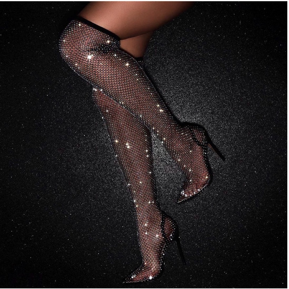 Ego Official Multi Colour Diamanté Fishnet Over The Knee Thigh High Black Boots